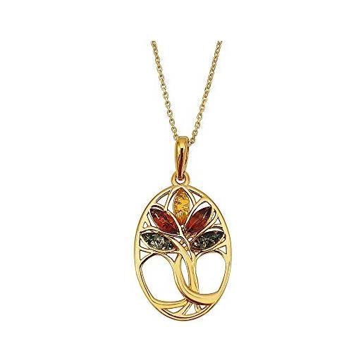 Kiara Jewellery - collana con ciondolo a forma di albero della vita, in argento sterling 925 placcato oro e ambra mista, con catenina da 45 cm