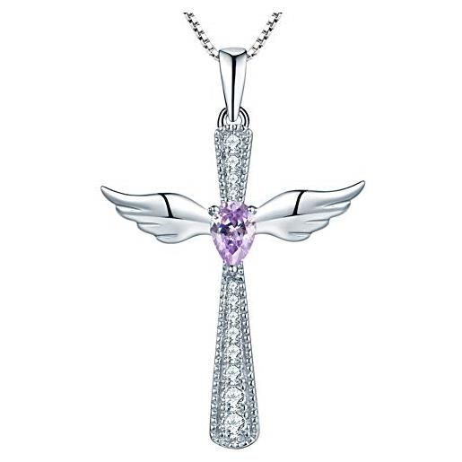 YL collana croce ala d'angelo 925 argento pietra portafortuna di giugno alessandrite ciondolo angelo custode per donna, catena 45+3cm