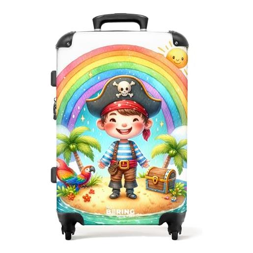 NoBoringSuitcases.com © valigia per bambini valigia da viaggio bagaglio per bambini a 4 ruote, lucchetto tsa (disegno di un pirata felice davanti a un arcobaleno), (valigia media 67x43x25 cm)