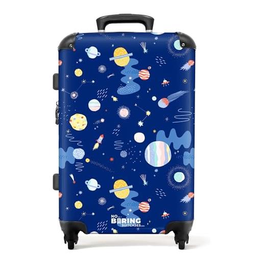 NoBoringSuitcases.com © valigia per bambini valigia da viaggio bagaglio per bambini a 4 ruote, lucchetto tsa (cielo stellato blu con pianeti colorati), (valigia media 67x43x25 cm)