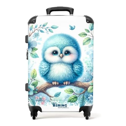 NoBoringSuitcases.com © valigia per bambini valigia da viaggio bagaglio per bambini a 4 ruote, lucchetto tsa (giovane gufo blu su un ramo), (valigia media 67x43x25 cm)