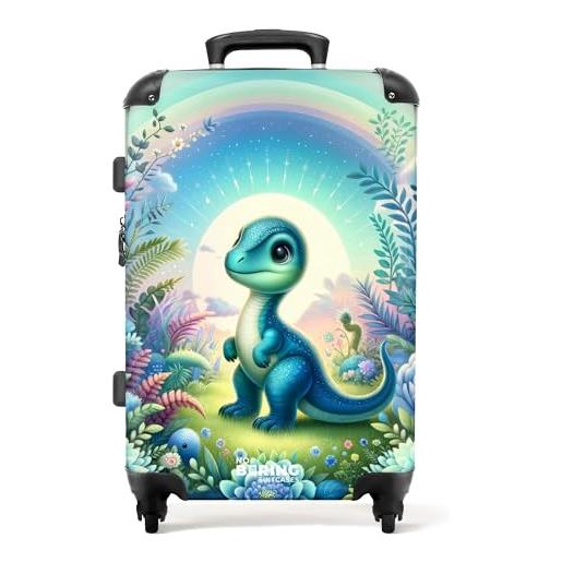 NoBoringSuitcases.com © valigia per bambini valigia da viaggio bagaglio per bambini a 4 ruote, lucchetto tsa (dinosauro blu in mezzo a fiori e piante), (valigia media 67x43x25 cm)