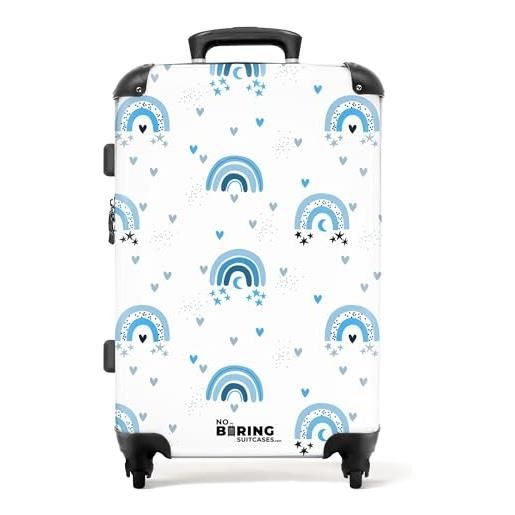 NoBoringSuitcases.com © valigia per bambini valigia da viaggio bagaglio per bambini a 4 ruote, lucchetto tsa (motivo arcobaleno blu con cuori), (valigia media 67x43x25 cm)