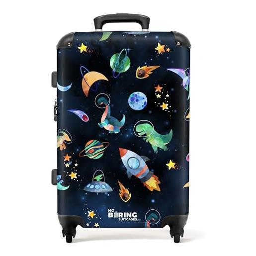 NoBoringSuitcases.com © valigia per bambini valigia da viaggio bagaglio per bambini a 4 ruote, lucchetto tsa (disegno colorato di dinosauri, ufo e stelle), (valigia media 67x43x25 cm)