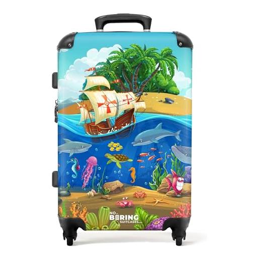 NoBoringSuitcases.com © valigia per bambini valigia da viaggio bagaglio per bambini a 4 ruote, lucchetto tsa (nave pirata in mare pieno di animali e piante), (valigia media 67x43x25 cm)