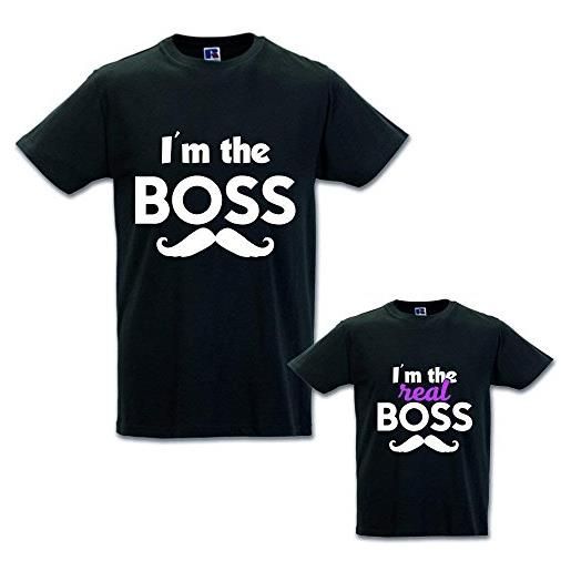Babloo coppia di t-shirt magliette papa' e figlio/figlia idea regalo festa del papa' boss e real boss nere uomo m - bimbo 9-11 anni