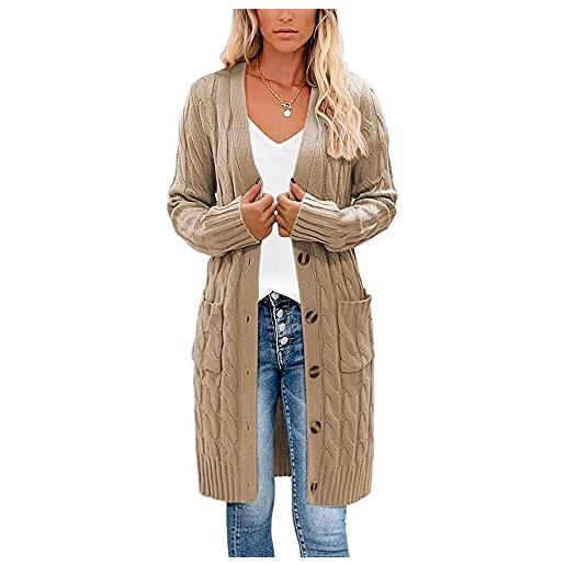 Earnmore - maglione lungo da donna, a maniche lunghe, con bottoni frontali aperti, con tasche, per autunno inverno, cachi, m