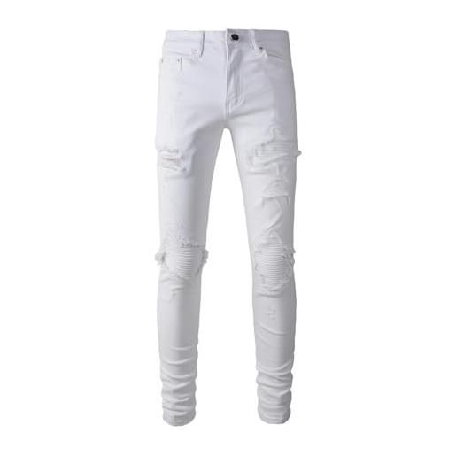 CABULE pantaloni casual da uomo high street slim fit jeans strappati con toppe su gambe piccole - bianco - 38