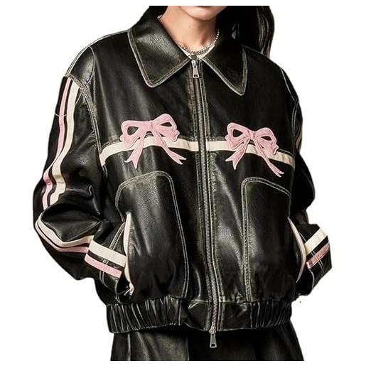Asiasioc giacca in pelle con fiocco, cappotto da donna in pelle pu con stampa a fiocco retrò moda coreana con cerniera lampo capispalla da moto, rosa, small
