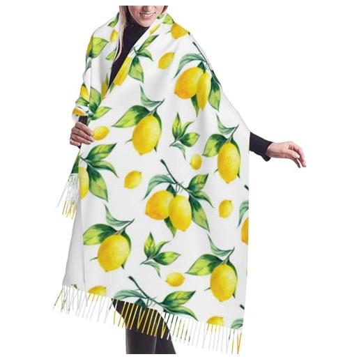 KONGNY sciarpa con frange da donna color limone scialli grandi in morbido cashmere avvolgenti con stola leggera 196x68 cm