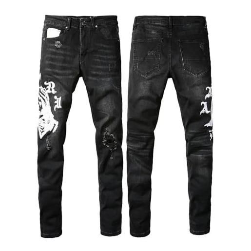 CABULE pantaloni street fashion slim fit jeans con motivo ricamato con patch con foro strappato-nero-36