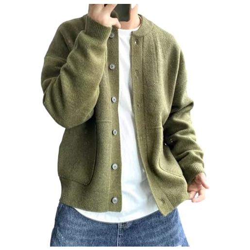 Tainrunse accogliente giacca maglione casual sciolto uomo autunno inverno cappotto girocollo monopetto cardigan lavorato a maglia con tasche spesse, verde, m