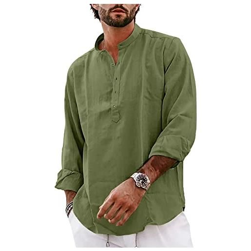 YAOBAOLE camicia da uomo casual in cotone lino a maniche corte/lunghe henley con bottoni a fascia per nonno, verde militare, m