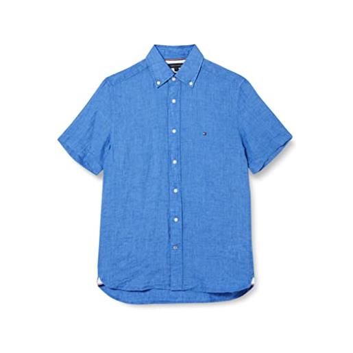 Tommy Hilfiger pigment dyed linen rf shirt s/s, camicie casual, uomo, copenhagen blue, xs