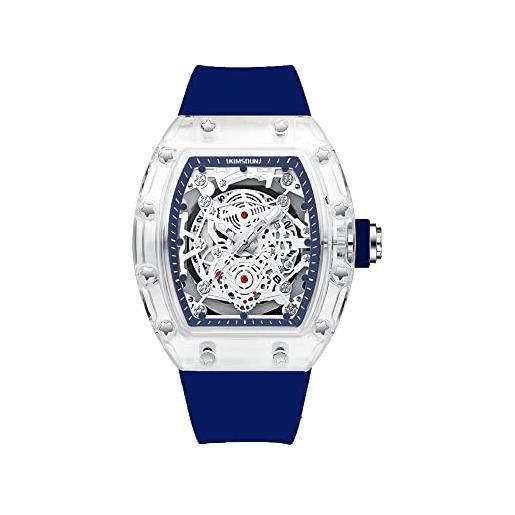 KIMSDUN - elegante orologio sportivo con scheletro, impermeabile, analogico, al quarzo, con data, calendario, cassa trasparente, orologio casual, cinturino in silicone per uomo unisex, blu-blu, 