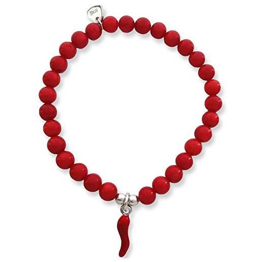 Flores braccialetto elastico con corallo bambù rosso e cornetto portafortuna in argento 925
