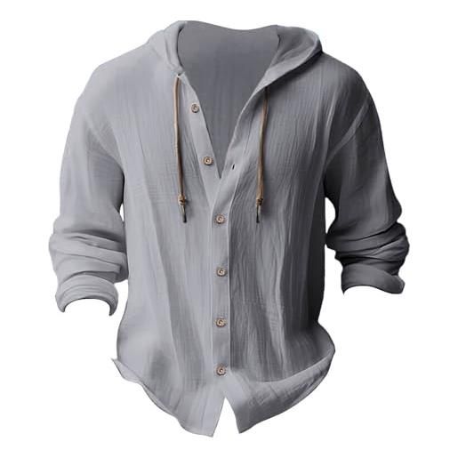Generic camicia da uomo con cappuccio a maniche lunghe in cotone e lino tinta unita con cappuccio rodeo camicie da uomo, grigio, l