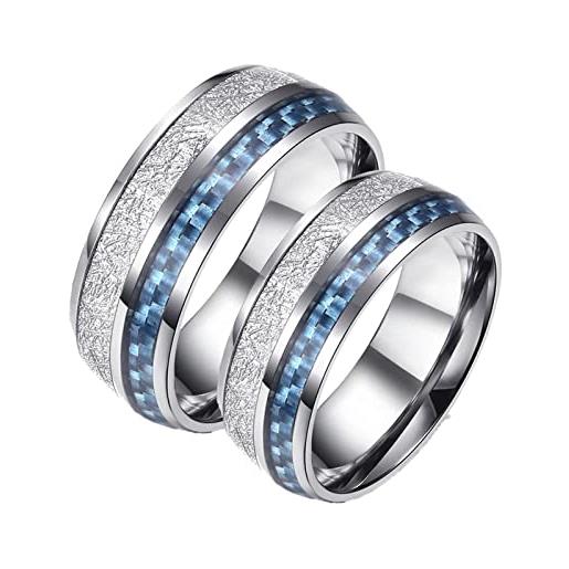 Homxi fedi nuziali con incisioni, set anelli acciaio inossidabile 8mm blu argento anello con fibra di carbonio anelli di matrimonio coppia donna 14(54mm) + uomo 14(54mm)