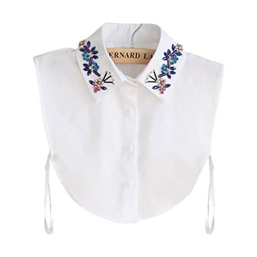 LoudSung falsi collare staccabile mezza camicia camicetta collare falso elegante ricamo strass disegni per donne ragazze, plum blossom bianco, 52