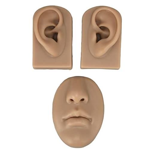 Kufoo morbido silicone orecchio naso bocca per praticare la sutura, 3d flessibile modello in silicone facciale per l'esposizione degli orecchini naso, gomma pratica del piercing (colore della pelle