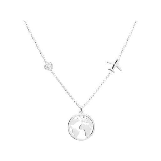 WearTravelers collana mappamodno con aereo e piccolo cuore luminoso in argento 925 - idea regalo per donna viaggiatrice - prodotto made in italy - modello atlanta (argento)