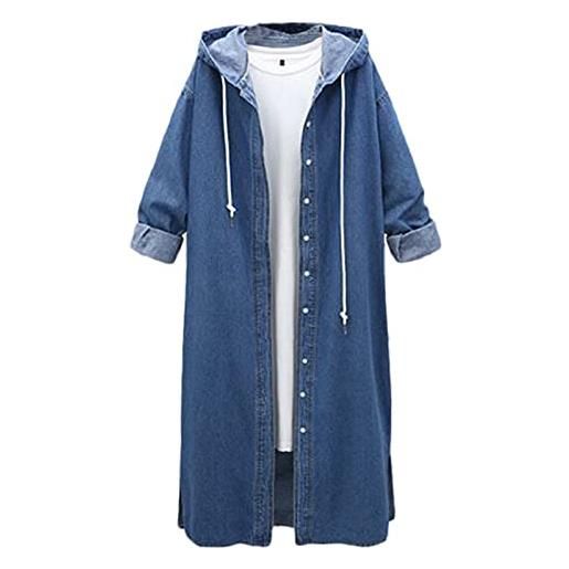 LOIJMK giacca di jeans da donna, lunga, oversize, in denim, con cappuccio, taglie forti, cardigan con bottoni, stile vintage, blu, xxxxl