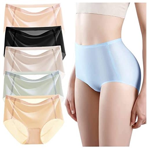 GOLDP 5pcs ultra-thin non-marking ice silk underwear, womens seamless ice silk mid waisted breathable soft stretchy panties (a, xl)
