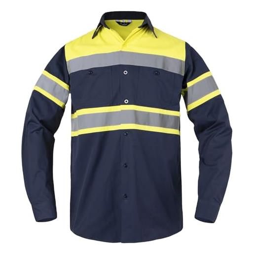 Yukirtiq camicia uomo da lavoro meccanico polo a maniche lunghe abbigliamento da lavoro ad alta visibilità camice blu divisa da lavoro con 2 tasche, giallo+blu, xl