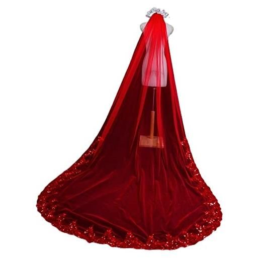 CochOn velo da sposa v86 velo da sposa rosso con perline di cristallo rosso velo da sposa cattedrale con paillettes velo rosso velo da sposa, colore unico, 300cm