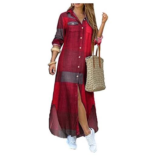 YMING donna abito lungo manica lunga con tasche abito con spacco frontale abito button down triangolo m