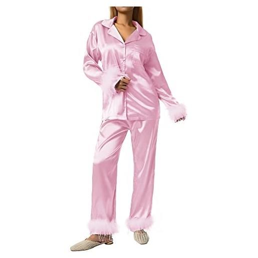 Dubute pigiama da donna in raso piuma set maniche lunghe con colletto a risvolto top e pantaloni da notte, rosa, s
