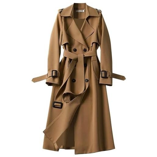 Yeooa trench lungo da donna giacca doppiopetto leggera slim fit giacca invernale classica plain lapel giacca antivento di transizione con tasche a bottoni giacca (cachi, xxl)