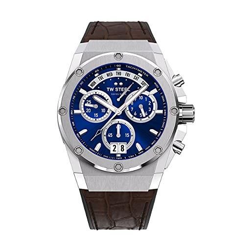 TW Steel ace genesis mens 44mm quartz watch with blue dial brown leather on rubber strap, and day/date calendar ace111