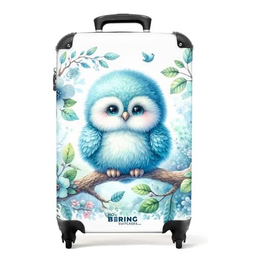 NoBoringSuitcases.com © valigia per bambini da viaggio con ruote, valigia trolley, guscio rigido, bagaglio a mano in 28 immagini (giovane gufo blu su un ramo, 55x40x20 cm)