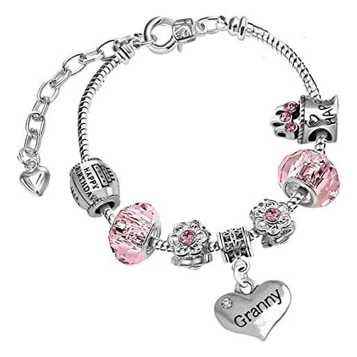 Charm Buddy braccialetto personalizzabile con ciondolo a forma di nonna, con cristalli rosa scintillanti, regolabile, con confezione regalo per donne, regalo di compleanno per nonna, vetro, zirconia cubica