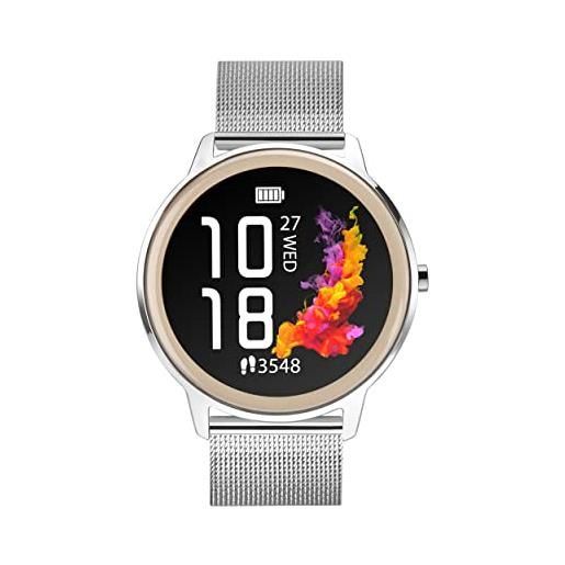 Sekonda flex - smart watch da donna, 42 mm, con cardiofrequenzimetro e monitoraggio del sonno, attività quotidiana, sport, musica, meteo e messaggi, con cinturino in rete, argento/oro rosa, 