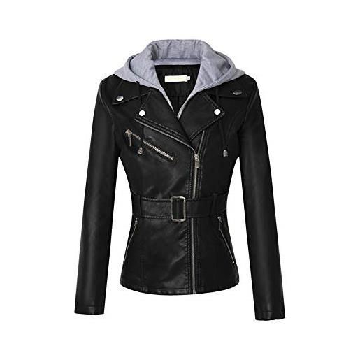 HONGBI giacca di pelle classica donna con cappuccio, giacca da motociclista, giacche ecopelle manica lunga, giubbotto corta da moto in similpelle slim fit, elegante cappotto in pelle pu per primavera l