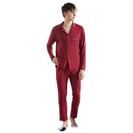YAOMEI coppie pigiama per uomo modal cotton, 2020 uomo lungo primavera estate pigiama da notte, uomo pigiama controllare bottoni camicia collare con pocket (rosso scuro, l)