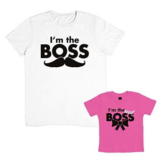 Shirtgeil set di magliette in coppia padre e figlio-figlia - i'm the boss - real boss papà bianco medium-figlia rosa 12-18 mesi