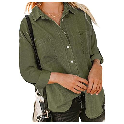 OSNCG camicie da donna in denim top con bottoni camicetta con risvolto tunica monopetto jeans camicia da donna manica lunga business, verde militare, xxl