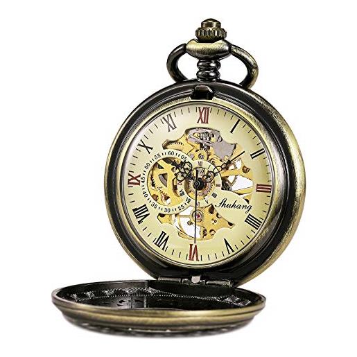 TREEWETO orologio da tasca con catena da uomo, analogico, a carica manuale, scheletro antico, numeri romani, bronzo, 1. Bronzo 072, nan