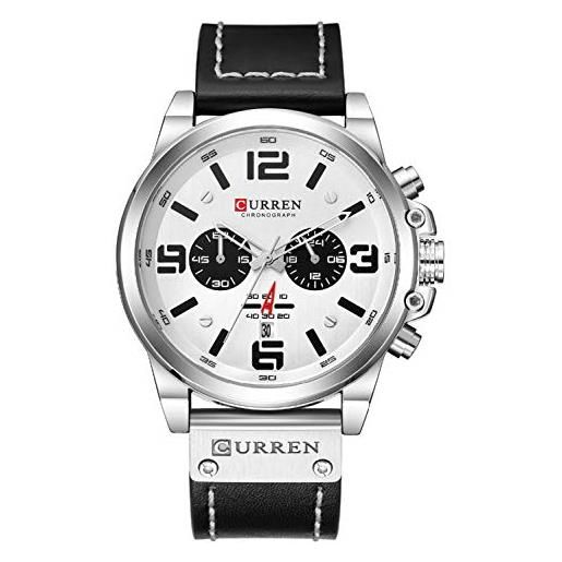 CURREN cronografo fashion trend multi-function impermeabile orologio al quarzo cinturino in pelle di alta qualità orologio militare, argento bianco, lusso