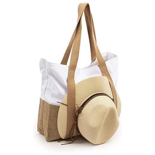 Generic borsa da spiaggia in paglia e cappello di paglia estivo a tesa larga con cinghie laterali, bianco, large