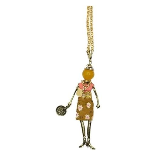 Le Carose collana classic da donna. Collana in bronzo bagno oro della lunghezza: 80 cm, ciondolo 10 cm e gancio 1,5 cm, vestito interamente realizzato a mano
