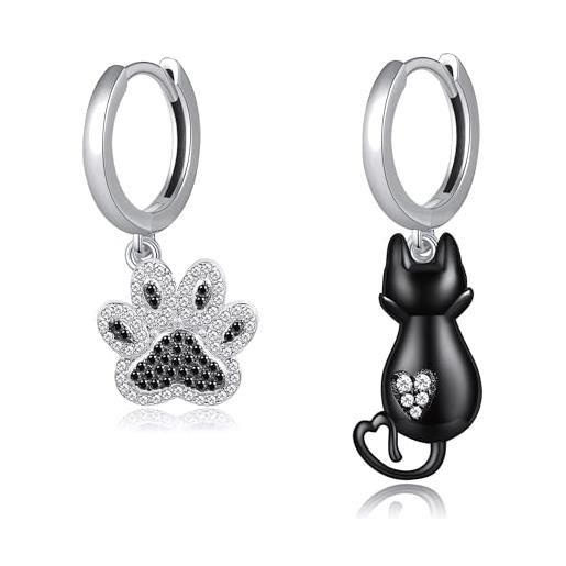DAYLINLOVE orecchini pendenti a forma di gatto nero, in argento sterling 925, con impronta di zampa, graziosi orecchini asimmetrici a cerchio con gatto nero, gioielli regalo per donne, ragazze, figlia, argento
