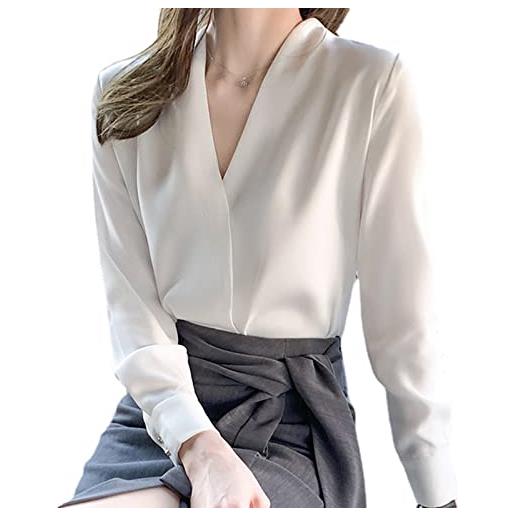 ZPLMIDE camicia da donna semplice in chiffon con scollo a v bianco a maniche lunghe, temperamento sottile camicetta ol shirts office casual top (s)
