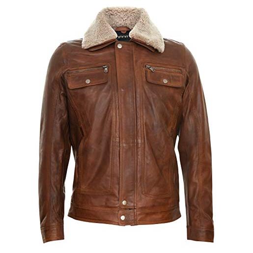 Infinity Leather giacca uomo di pelle marrone con collo rimovibile di pelle di montone sherpa stile cappotto casual xl