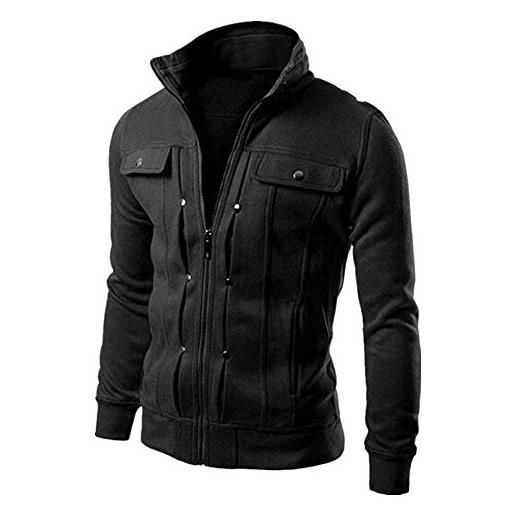 FAWHEWX giacca da uomo in micro pile con colletto alla coreana in cotone felpa con zip intera slim fit giacca sportiva casual allentata cardigan da uomo giacca con bottoni(un nero/3xl)