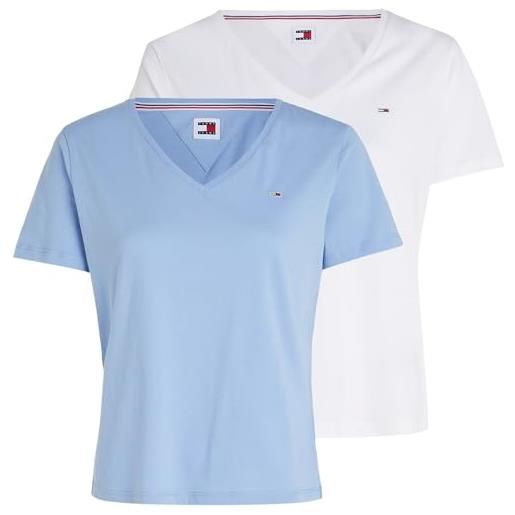 Tommy Jeans t-shirt maniche corte donna slim scollo a v, multicolore (white / blue), s