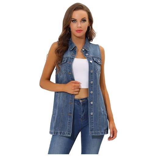 Allegra K giacca da donna casual con bottoni in giù senza maniche in denim medio lungo, blu, 52